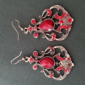 2" Long Gold Tone Red Stone Earings